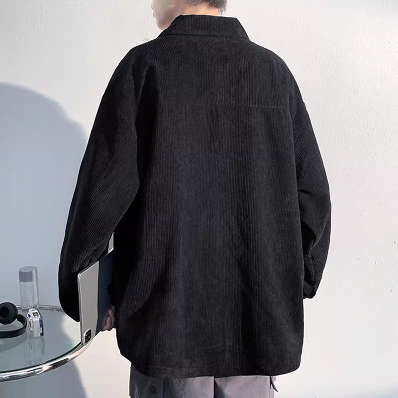 灯芯绒长袖衬衫外套男夏季高街美式休闲翻领衬衫潮牌百搭工装夹克详情图