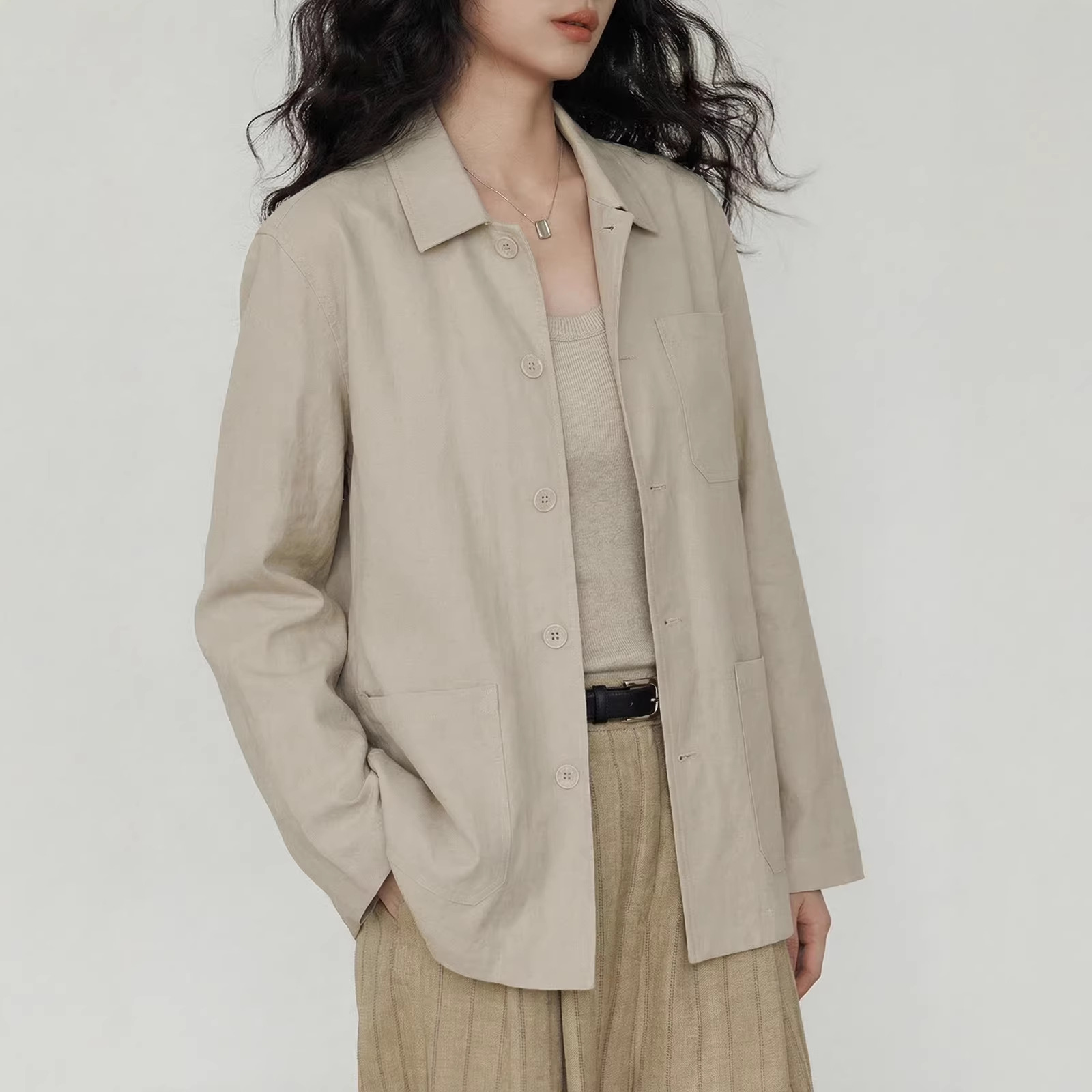 韩系工装纯棉夹克外套2026春季新款女装高级感宽松复古休闲上衣详情图